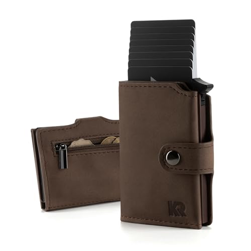 KRONIFY Geldbörse Herren | Slim Wallet mit Münzfach | Portmonee Herren Klein | Mini Geldbeutel Pop-up Kartenetui | Kreditkartenetui Maximal 8 Karten | Für Bargeld und Münzen | Bräunlich von KRONIFY