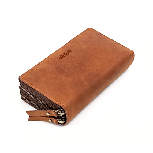 KRONIFY Leder Geldbörse Damen I Echtleder XXL Geldbeutel I Doppelter Reißverschluss I Groß I RFID Schutz I Portmonee mit Münzfach I 29 Kartenfächer I Frauen Portemonnaie I Nature Hellbraun I Samtleder von KRONIFY
