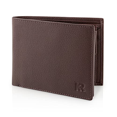 KRONIFY Leder Geldbörse Herren I Echtleder Portmonee Herren I RFID Schutz I Querformat I Wallet Herren mit Münzfach I 13 Kartenfächer I Geschenk Box I Nature Dunkelbraun von KRONIFY