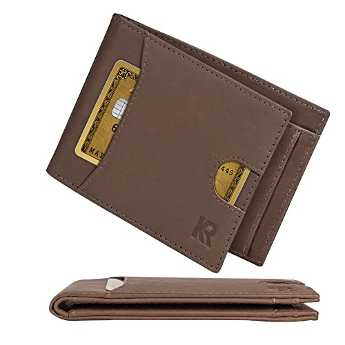 KRONIFY Leder Geldbörse Herren Echtleder Geldbeute, Slim Wallet mit Münzfach RFID, Portemonnaie fur Karten & Munzen, 9 Kartenfächer für Männer Brieftasche Wallet Portmonee (Kein Clip, Braun) von KRONIFY