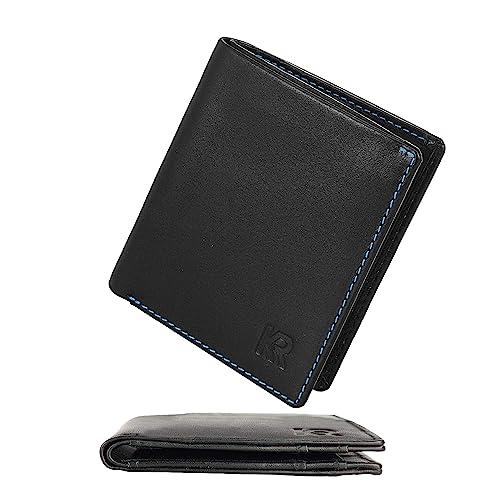 KRONIFY Leder Geldbörse Herren Slim Wallet Männer Portemonnaie, Leder Kreditkartenetui RFID Schutz, Mini Portmonee Herren, Echtleder Geldbeutel mit 8 Kartenfächer, Geschenk Box, Nappa Schwarz/Blau von KRONIFY