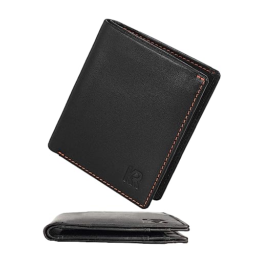 KRONIFY Leder Geldbörse Herren Slim Wallet Männer Portemonnaie, Leder Kreditkartenetui RFID Schutz, Mini Portmonee Herren, Echtleder Geldbeutel mit 8 Kartenfächer, Geschenk Box, Nappa Schwarz/Orange von KRONIFY