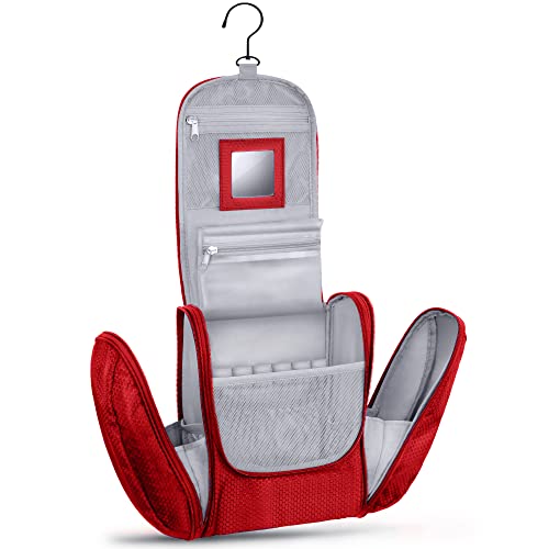 KRONIFY großer Premium Kulturbeutel zum Aufhängen mit Spiegel I Kulturtasche Damen mit Haken I Kulturbeutel Herren I Kulturbeutel Damen I Kosmetiktasche groß Rot L von KRONIFY