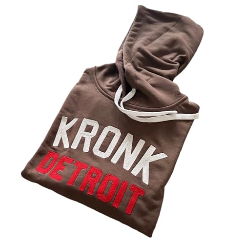 Kronk Iconic Detroit Chain Stitch Hoodie - Loose Fit Heavyweight Pullover Hoodie - Terryloop Cotton Blend with the Iconic Detroit Retro Boxing Gym Logo, Cobblestone Iconic Detroit Hoodie, L von KRONK