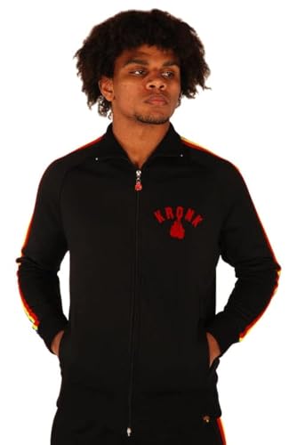 Kronk Trainingsjacke mit durchgehendem Reißverschluss und goldfarbenen Handschuhen Logo, Gestreifte Ärmel, Schwarz, S von KRONK
