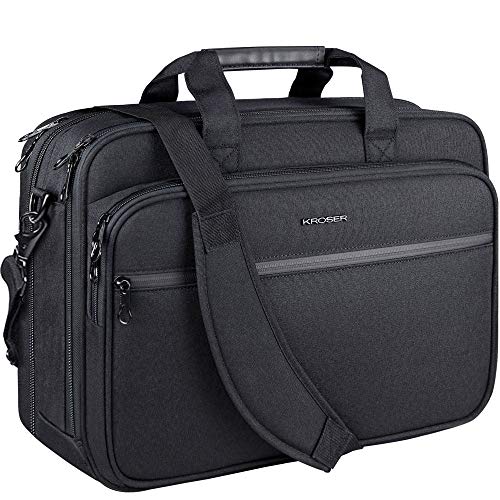 KROSER 18" Laptop Aktentasche Passt bis zu 17,3" Erweiterbare wasserdichte Umhängetasche Computer Tasche mit RFID-Taschen für Reisen/Business/Schule/Männer/Frauen-Schwarz MEHRWEG von KROSER