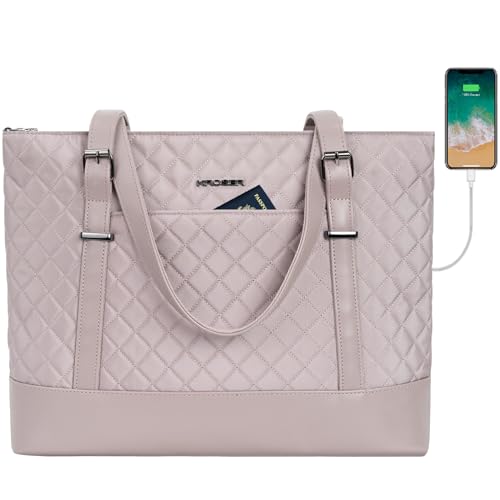 KROSER Laptop Damen Handtasche Elegant Laptop Tasche 15,6 Zoll Große Leichte Tote Bag für Business/Schule/Reisen, Grau-Rosa Gesteppt von KROSER