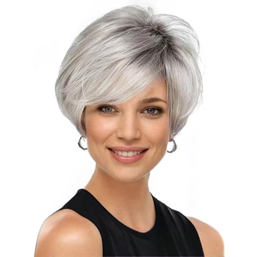 KRSI Kurze, graue Perücke für Damen, gemischter Pixie-Schnitt, glatte synthetische Haarschnitte, Ombré-Grau, Seitenteil, umgekehrter Seitenteil, Pixie-Schnitt, Perücke mit geschichtetem Swoop-Knall von KRSI