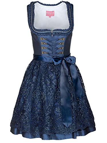 KRÜGER Dirndl Damen Nala 412064 | hochgeschlossen mit V-Ausschnitt | 50cm Länge kurz grau | Jacquard Spitze 32, Dunkelblau 50cm Rocklänge von Krüger Dirndl