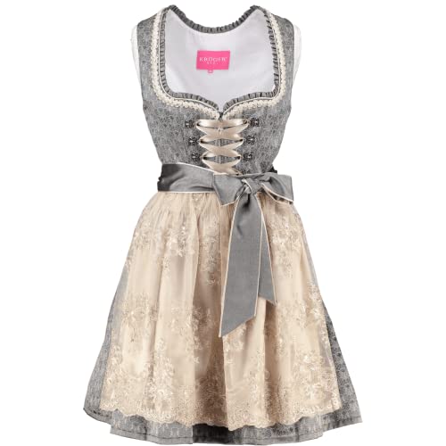 KRÜGER Dirndl Damen Nelia 417762 | kurz 50cm Länge hellgrau beige | Jacquard Spitzenschürze Gr 44 von Krüger