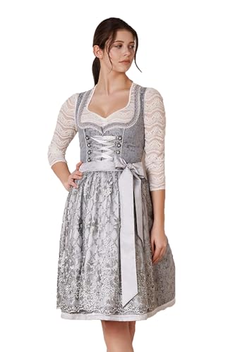 KRÜGER Dirndl Joselin Damen grau | Jacquard Spitze elegant |Knielang 60cm Länge Silber Gr 36 von Krüger