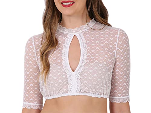 Krüger Dirndlbluse Kiana Herzchen Ecru | Damen Dirndl-Bluse aus Spitze mit Herzen | Hochgeschlossen mit Schlitz Gr 32 von Krüger