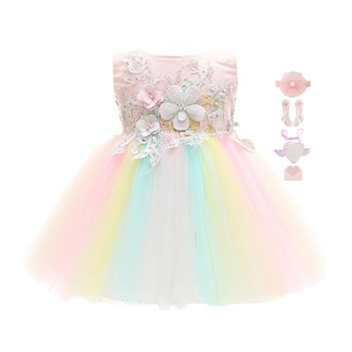 KRUIHAN Regenbogen Baby Mädchen Kleid,Kleinkind Atmungsaktives Tüll Sommer Prinzessin Kleid für Taufe,Geburtstag,Hochzeit,Party,mit Stirnband,Socken,Pailletten Herz Tasche & Geschenkbox,12M von KRUIHAN