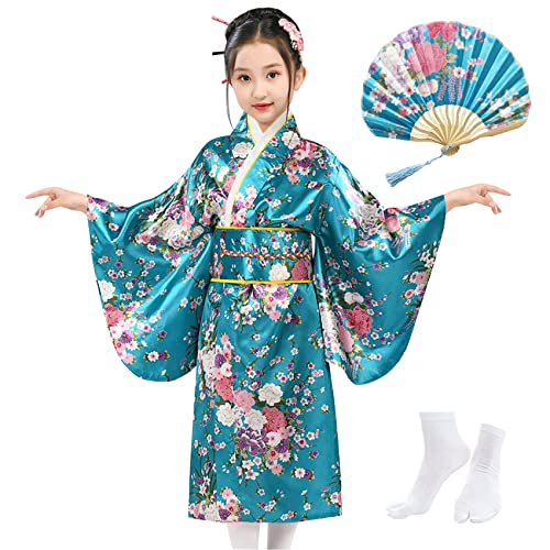 KRUIHAN Japanische Kimono für Mädchen,Traditionelle Japanische Kleidung,Yukata Kimono Kleid Kinder,Morgenmantel Mädchen Satin Cosplay Kostüme Party Kleid,Mit Falten Fan und Tabi Socken,Türkis,150 von KRUIHAN