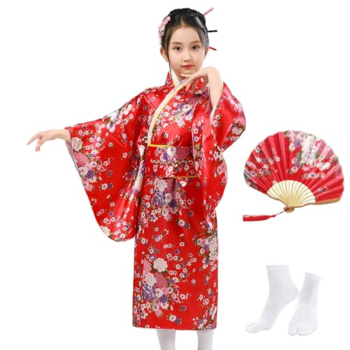 KRUIHAN Japanische Kimono Kinder,Japanische Stil Sakura Yukata Kleid für Mädchen,Kinder Seidig Satin Kimono Robe,Mädchen Cosplay Kostüme Party Kleid,Mit Falten Fan und Tabi Socken,Stil A,Rot,130 von KRUIHAN