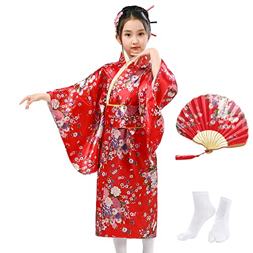 KRUIHAN Japanische Kimono Kinder,Yukata Kleid für Mädchen,Kinder Seidig Satin Kimono Robe,Mädchen Cosplay Kostüme Party Kleid,Mit Falten Fan und Tabi Socken,Rot,150 von KRUIHAN