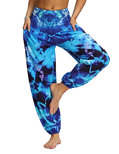 KRUIHAN Bunt Yogahose Damen Weites Bein, Hohe Taille Haremshosen Damen Sommer, Damen Sommerhose Lang Leicht, Breite Jogginghose Trainingshose Strandhose Freizeithose(YCI054) von KRUIHAN