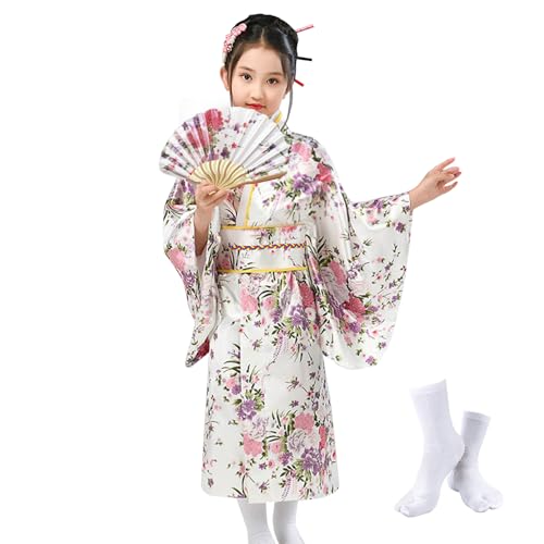 KRUIHAN Japanische Kimono für Mädchen,Traditionelle Japanische Kleidung,Yukata Kimono Kleid Kinder,Morgenmantel Mädchen Satin Cosplay Kostüme Party Kleid,Mit Falten Fan und Tabi Socken,Weiß,150 von KRUIHAN