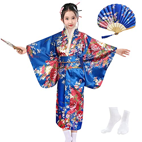 KRUIHAN Kimono Kinder Satin Morgenmantel Mädchen Japanisch Kleid Kinder Cosplay Kostüme Kimono Anime Party Kleid,mit Falten Fan und Tabi Socken,Stil B-Königsblau-140 von KRUIHAN