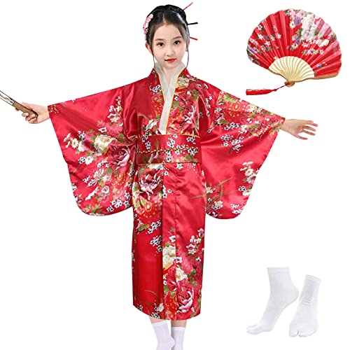KRUIHAN Kimono Kinder Satin Morgenmantel Mädchen Japanisch Kleid Kinder Cosplay Kostüme Kimono Anime Party Kleid,mit Falten Fan und Tabi Socken,Stil B-Rot-150 von KRUIHAN