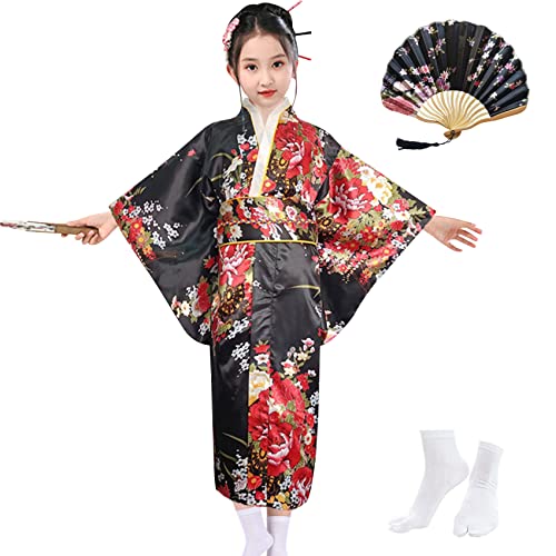 KRUIHAN Kimono Kinder Satin Morgenmantel Mädchen Japanisch Kleid Kinder Cosplay Kostüme Kimono Anime Party Kleid,mit Falten Fan und Tabi Socken,Stil B-Schwarz-140 von KRUIHAN