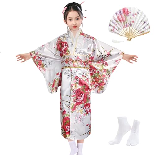 KRUIHAN Japanische Stil Mädchen Traditionelle Kimono Kinder Yukata Robe Imitation Seide Satin Kleid Kinder Cosplay Kostüme Party Kleid,mit Falten Fan und Tabi Socken,Weiß,140 von KRUIHAN
