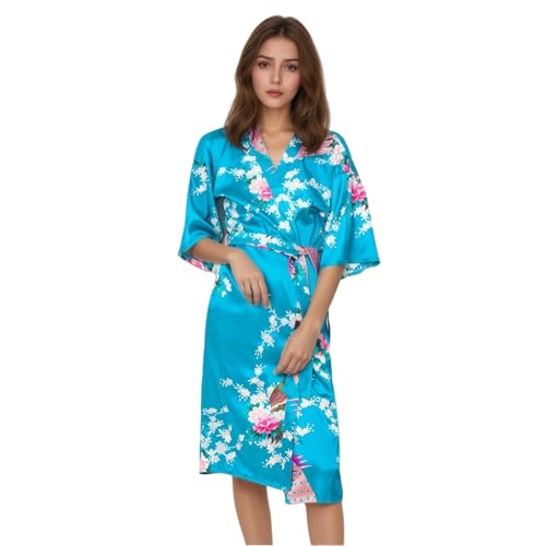 KRUIHAN Japanischer Damen Kimono Strickjacke Nachthemd Yukata Pfau Kirschblüten Print Blau von KRUIHAN