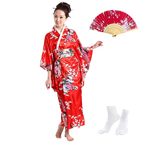 KRUIHAN Japanischer Kimono Frauen Yukata Robe Satin Morgenmantel Japanischer Kleider für Frauen,Party Fancy Dress Cosplay Kostüm Set mit Faltfächer Tabi Socken,Stil A-Rot-F von KRUIHAN
