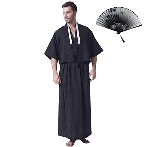 KRUIHAN Japanischer Kimono Männer Yukata Kimono Robe Japanische Traditionelle Samurai Uniform Cosplay Kostüm Japanischer Stil Kleidung Haori Jacke Top Hakama Rock Set,Einheitsgröße,Schwarz KRUIHAN Japanischer Kimono Männer Yukata Kimono Robe Japanische Traditionelle Samurai Uniform Cosplay Kostüm Japanischer Stil Kleidung Haori Jacke Top Hakama Rock Set,Einheitsgröße,Schwarz von KRUIHAN