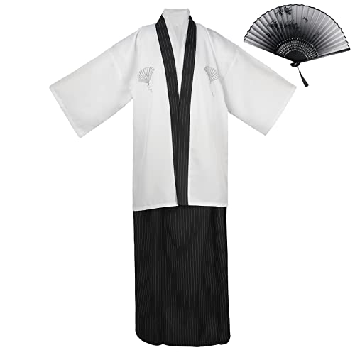 KRUIHAN Japanischer Kimono Männer Yukata Kimono Robe Japanische Traditionelle Samurai Uniform Cosplay Kostüm Japanischer Stil Kleidung Haori Jacke Top Hakama Rock Set,Einheitsgröße,Weiß von KRUIHAN