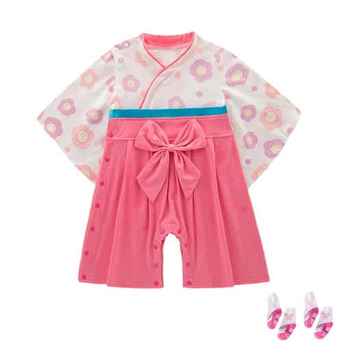 KRUIHAN Japanischer Stil Baby Kimono Bodysuit Baby Jungen Kleidung Baby Strampler Bedrucken Baby Schlafanzug Baby Sachen,Rosa,Wird Mit Zwei Paar Socken Geliefert,70(9-12 Meses) von KRUIHAN