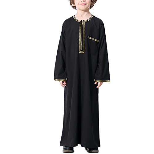 KRUIHAN Jungen Jubba Thobe,Langarm Kinder Abaya Kaftan,Arabische Robe mit Reißverschluss für Jungen,Muslimische Abaya Gebetskleidung für Kinder Jungen,Schwarz,120(5-6Y) von KRUIHAN