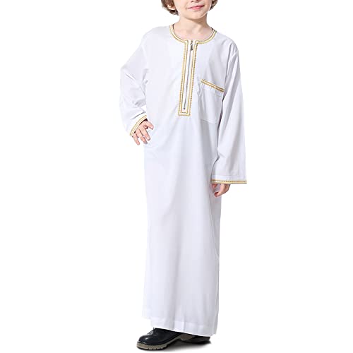 KRUIHAN Jungen Jubba Thobe,Langarm Kinder Abaya Kaftan,Arabische Robe mit Reißverschluss für Jungen,Muslimische Abaya Gebetskleidung für Kinder Jungen,Weiß,140(9-10Y) von KRUIHAN