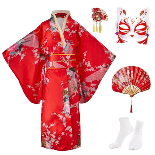 KRUIHAN Kimono Kinder Japanisches Kleid Yukata Mädchen Satin Morgenmäntel Hochzeit Party Leistung Kimono Robe,Kinder Cosplay Kostüm Set mit Klappfächer,Tabi Socken,Fuchs Maske und Haarnadel,Rot,130 von KRUIHAN