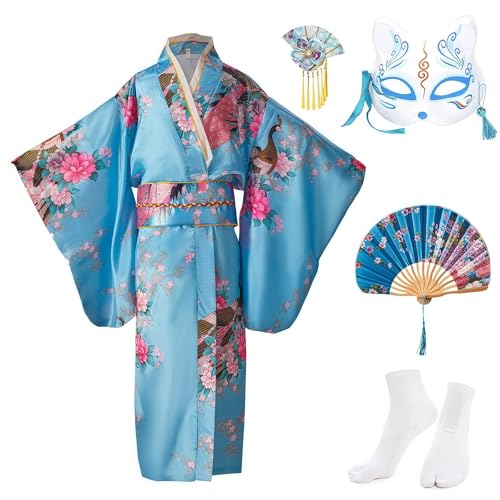 KRUIHAN Kimono Kinder Japanisches Kleid Yukata Mädchen Satin Morgenmäntel Hochzeit Party Leistung Kimono Robe,Kinder Cosplay Kostüm Set mit Klappfächer,Tabi Socken,Fuchs Maske und Haarnadel,Blau,150 von KRUIHAN
