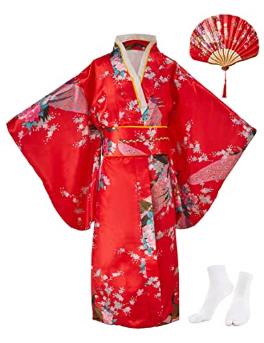 KRUIHAN Kimono-Kleid für Mädchen,Traditionelle Kleidung,Seidenstoff,Robe,Hochzeitskleidung,Party,Performance-Kleid,Cosplay-Kostüm-Set mit Faltbaren Fächern und Tabi-Socken,130 CM,Rot von KRUIHAN