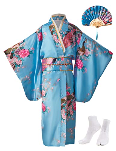 KRUIHAN Kimono-Kleid für Mädchen,Traditionelle Kleidung,Seidenstoff,Robe,Hochzeitskleidung,Party,Performance-Kleid,Cosplay-Kostüm-Set mit Faltbaren Fächern und Tabi-Socken,140 CM,Blau von KRUIHAN