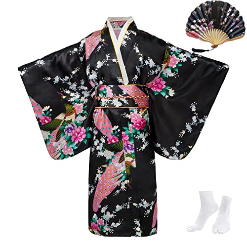 KRUIHAN Kimono-Kleid für Mädchen,Traditionelle Kleidung,Seidenstoff,Robe,Hochzeitskleidung,Party,Performance-Kleid,Cosplay-Kostüm-Set mit Faltbaren Fächern und Tabi-Socken,150,Schwarz von KRUIHAN