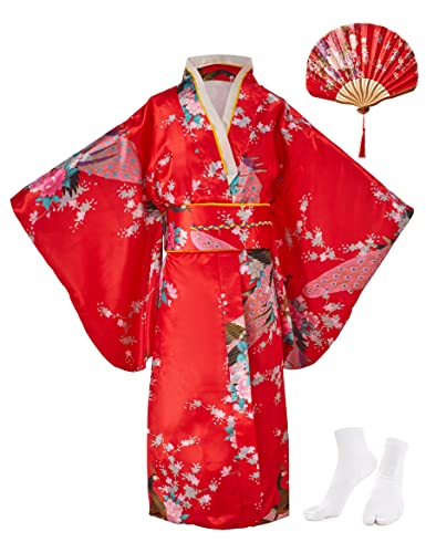 KRUIHAN Kimono-Kleid für Mädchen,Traditionelle Kleidung,Seidenstoff,Robe,Hochzeitskleidung,Party,Performance-Kleid,Cosplay-Kostüm-Set mit Faltbaren Fächern und Tabi-Socken,150 cm,Rot von KRUIHAN