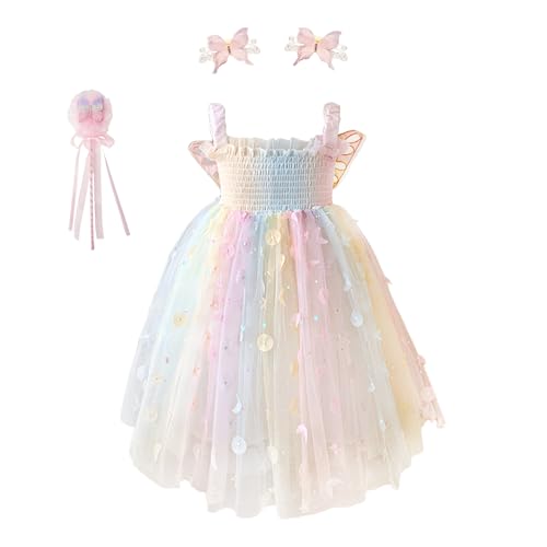 KRUIHAN Tüll Kinder Kleider mit Schmetterling Flügeln,Sommerkleid Mädchen Ärmellose,Regenbogen Mädchen Kleider Hochzeit Festlich für Kinder 4-8 Jahre,mit Haarspangen,Zauberstab & Geschenkbox,140 von KRUIHAN