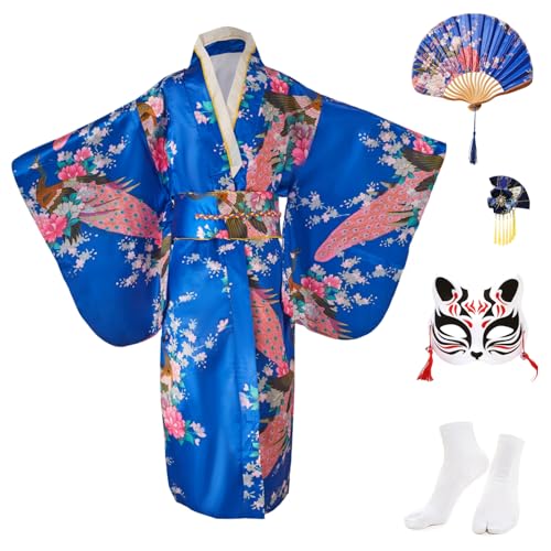 Kimono Kinder Japanisches Kleid Yukata Mädchen Satin Morgenmäntel Hochzeit Party Leistung Kimono Robe,Kinder Cosplay Kostüm Set mit Klappfächer,Tabi Socken,Fuchs Maske und Haarnadel,Königsblau,130 von KRUIHAN