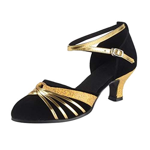 KRUIHAN Damen Tanzschuhe Latein-Salsa 5cm Absatz Geschlossene Zehen Gold Glitzer Schuhe Damen Spangenpumps für Party,Hochzeit,Training & Auftritte(Schwarze,Schuhgröße 39/38 Europäisch) von KRUIHAN
