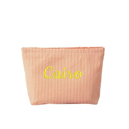 Personalisierbare, bestickte Kosmetiktasche mit großem Fassungsvermögen, personalisierbar mit Namen für Frauen und Mädchen., Orange, Streifen von KRUIJHEU