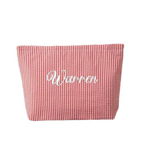 Personalisierbare, bestickte Kosmetiktasche mit großem Fassungsvermögen, personalisierbar mit Namen für Frauen und Mädchen., Rot, Streifen von KRUIJHEU