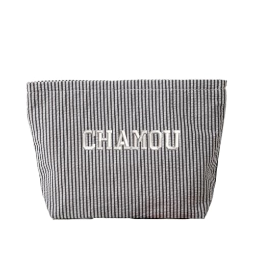 Personalisierbare, bestickte Kosmetiktasche mit großem Fassungsvermögen, personalisierbar mit Namen für Frauen und Mädchen., Schwarz, Streifen von KRUIJHEU