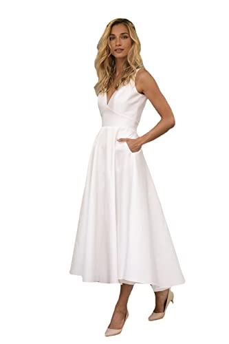 KRUPTI Damen V-Ausschnitt Sexy Schlankes Langes Kleid Abendkleider Lässiges Reise-Urlaubskleid Party Clubbing Strandkleider Elegantes Kleid mit hoher Taille,Weiß,XL von KRUPTI