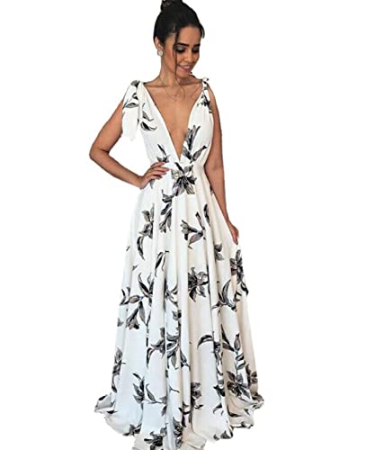 KRUPTI Damen Weißes Langes Kleid mit V-Ausschnitt und hoher Taille Abendkleider Bequemes lässiges Reise-Urlaubskleid Party Clubbing Strand Boho-Kleider Elegant,Weiß,M von KRUPTI