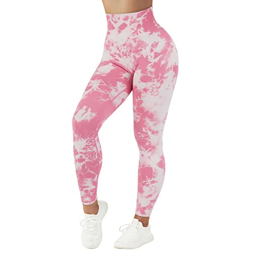 KRUPTI Frauen Yoga Leggings Fitness Sport Strumpfhosen Nahtlose Scrunch Butt Legging Hohe Taille Sportbekleidung Tie Dye Workout Strumpfhosen Gym Hose Laufhose,Rosa Tie Dye 88,M von KRUPTI