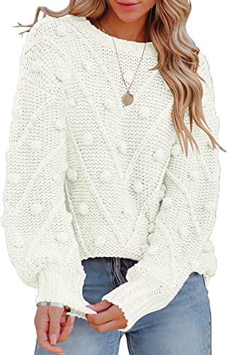 KRUPTI Strickpullover Damen-Pullover Mit Rundhalsausschnitt Dick Warm Weich Locker Langärmlig Pullover Outdoor Lässig Locker Pullover Zopfmuster Oberteile,Weiß,S von KRUPTI