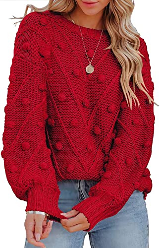 KRUPTI Strickpullover Damen-Pullover Mit Rundhalsausschnitt Dick Warm Weich Locker Langärmlig Pullover Outdoor Lässig Locker Pullover Zopfmuster Oberteile,rot,L von KRUPTI